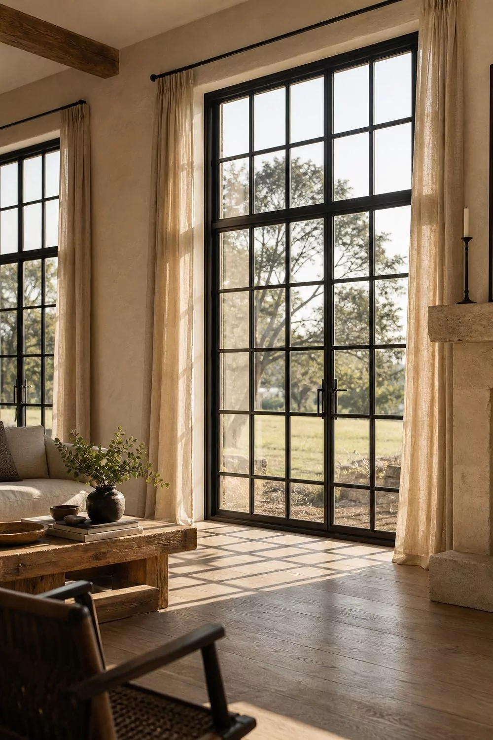 Tall black grid windows with oatmeal linen panels on matte black rods against creamy plaster farmhouse living room walls