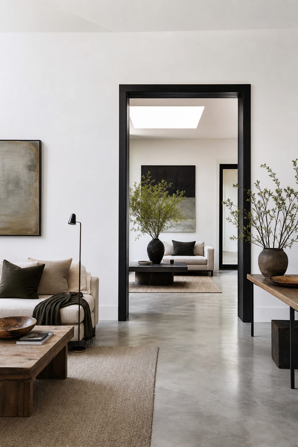 Wide black painted door casing against a bright white wall in a modern living room with polished concrete floors