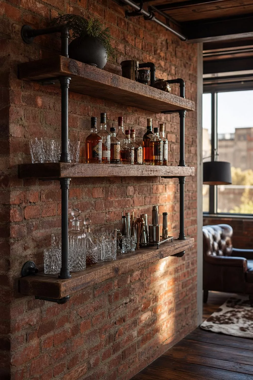 Three thick reclaimed oak shelves carried on a blackened steel pipe frame bolted to an exposed red brick loft wall with whiskey bottles