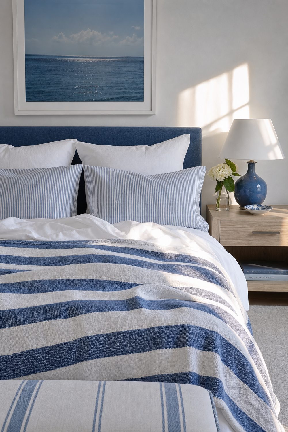 Bed layered with wide blue and white striped coverlet, striped shams and white sheets beside a pale oak nightstand with blue lamp