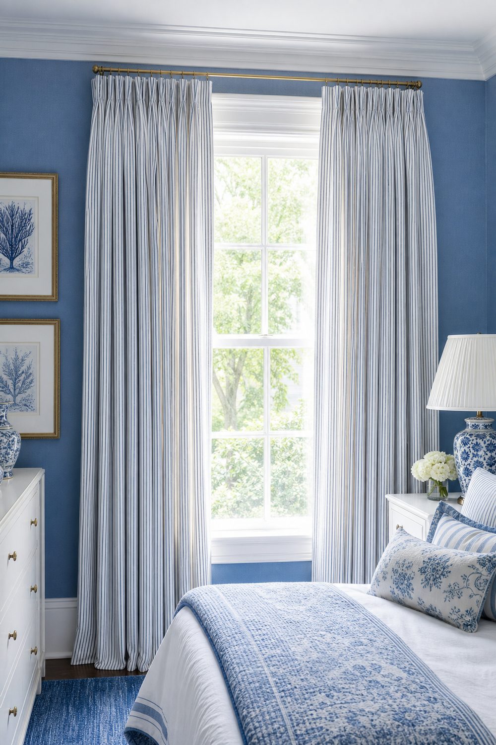 Floor length blue and white ticking stripe curtains on a brass rod framing a bedroom window with white casing and blue bedding