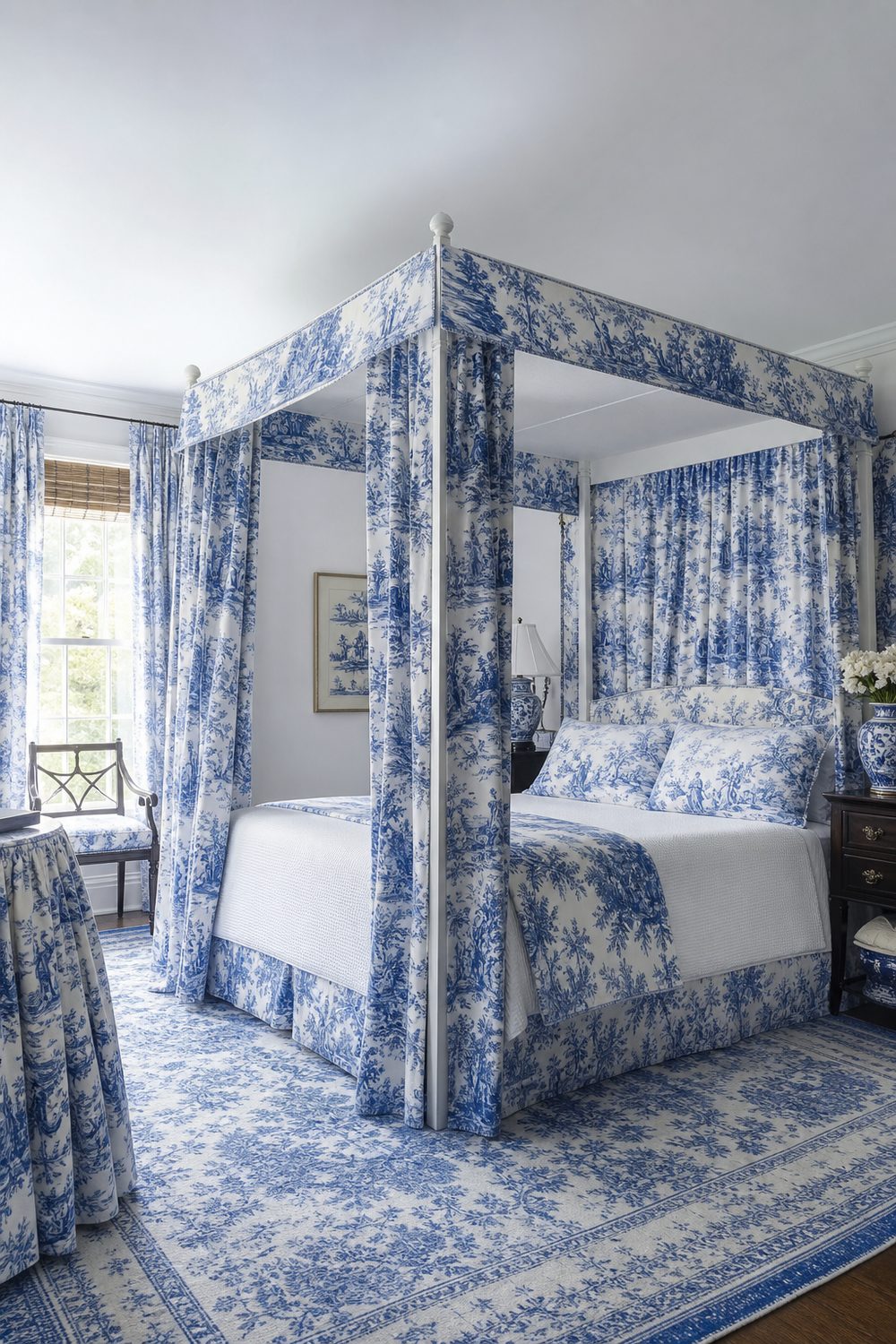 Four poster canopy bed draped in blue and white toile panels with white matelasse coverlet and porcelain lamp in a white bedroom