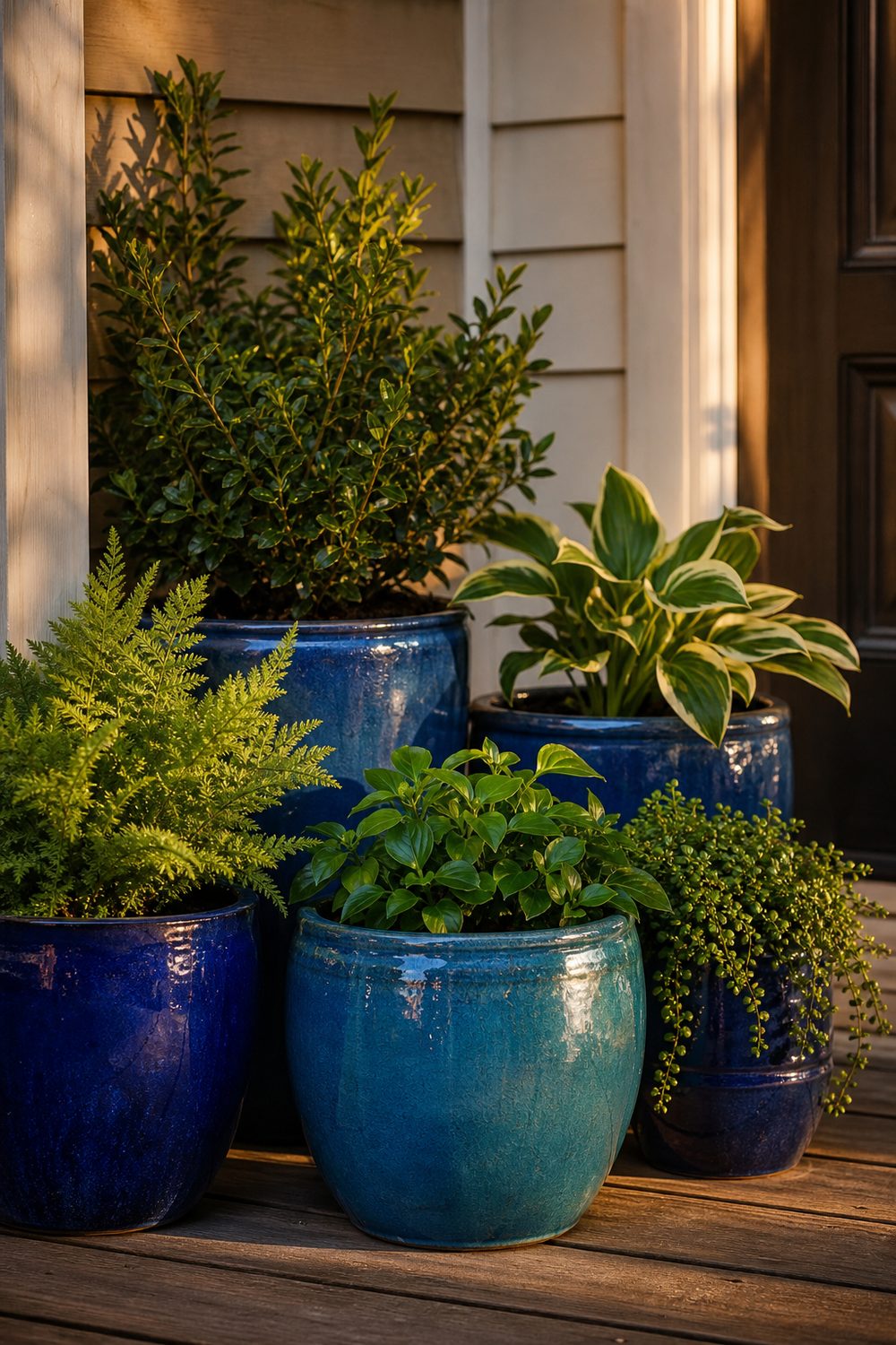 Five cobalt and teal glazed ceramic pots at varying heights holding green plants on warm wood porch decking