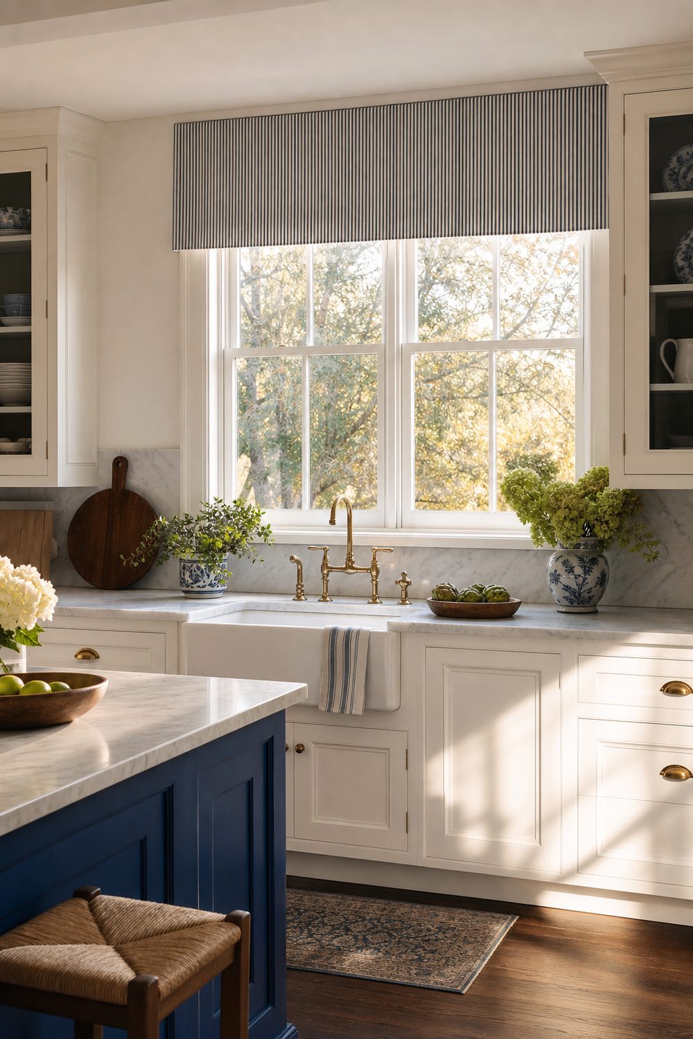 Navy and white ticking stripe valance with a straight hem above a classic blue and white kitchen window