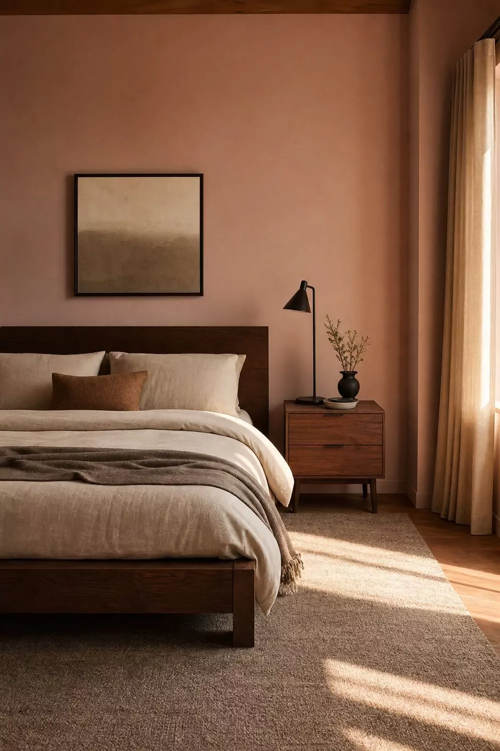 Blush pink primary bedroom with smoked oak platform bed, ivory linen bedding, black metal lamp, and taupe wool rug