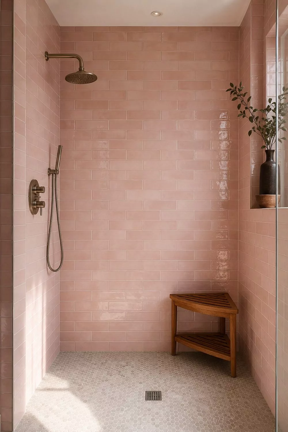 Walk in shower tiled in glossy blush pink subway tile with pale grey grout, brushed nickel fixtures and a small teak corner stool