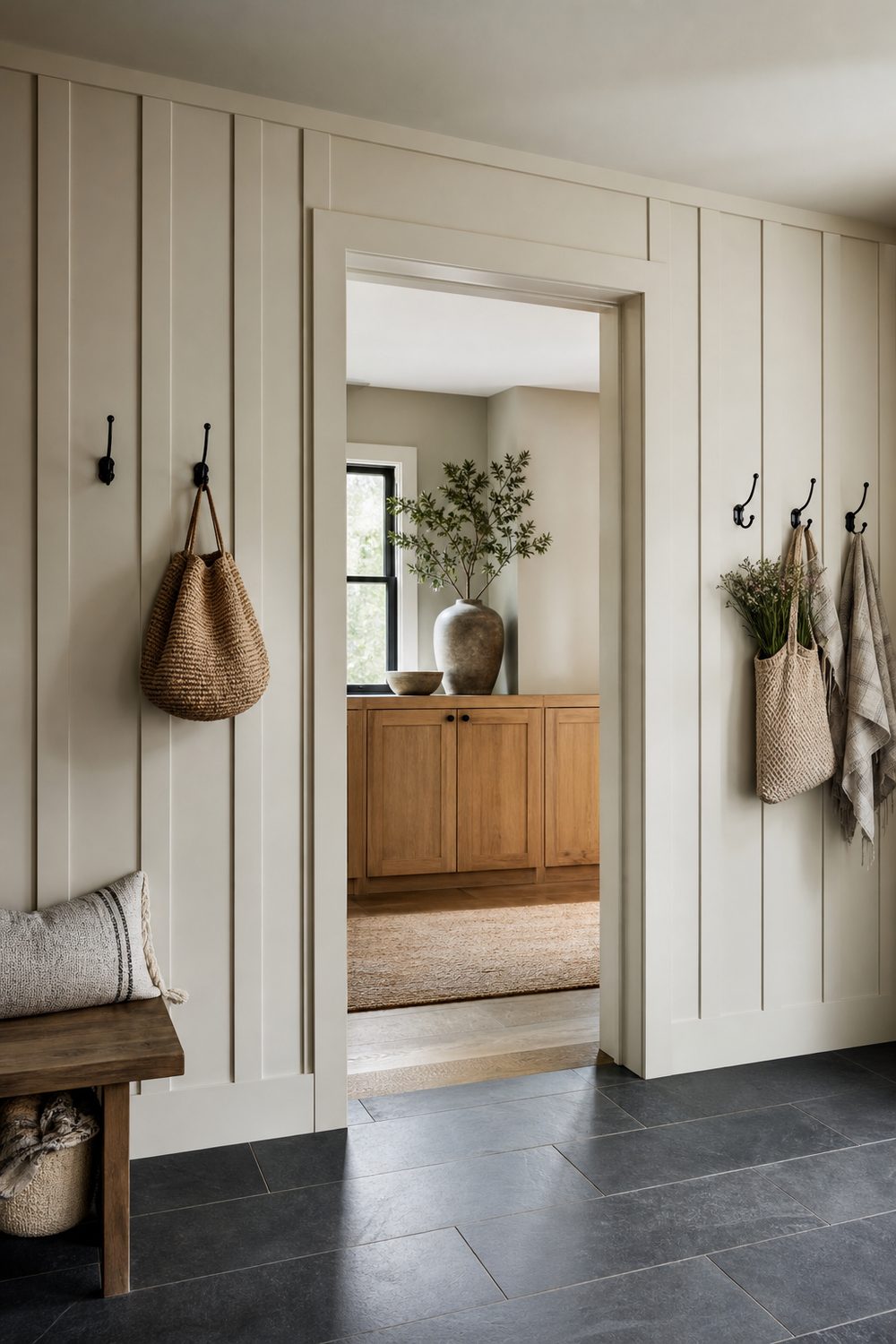 Vertical white battens running up both sides of a doorway and joining the casing in a mudroom with slate tile floors