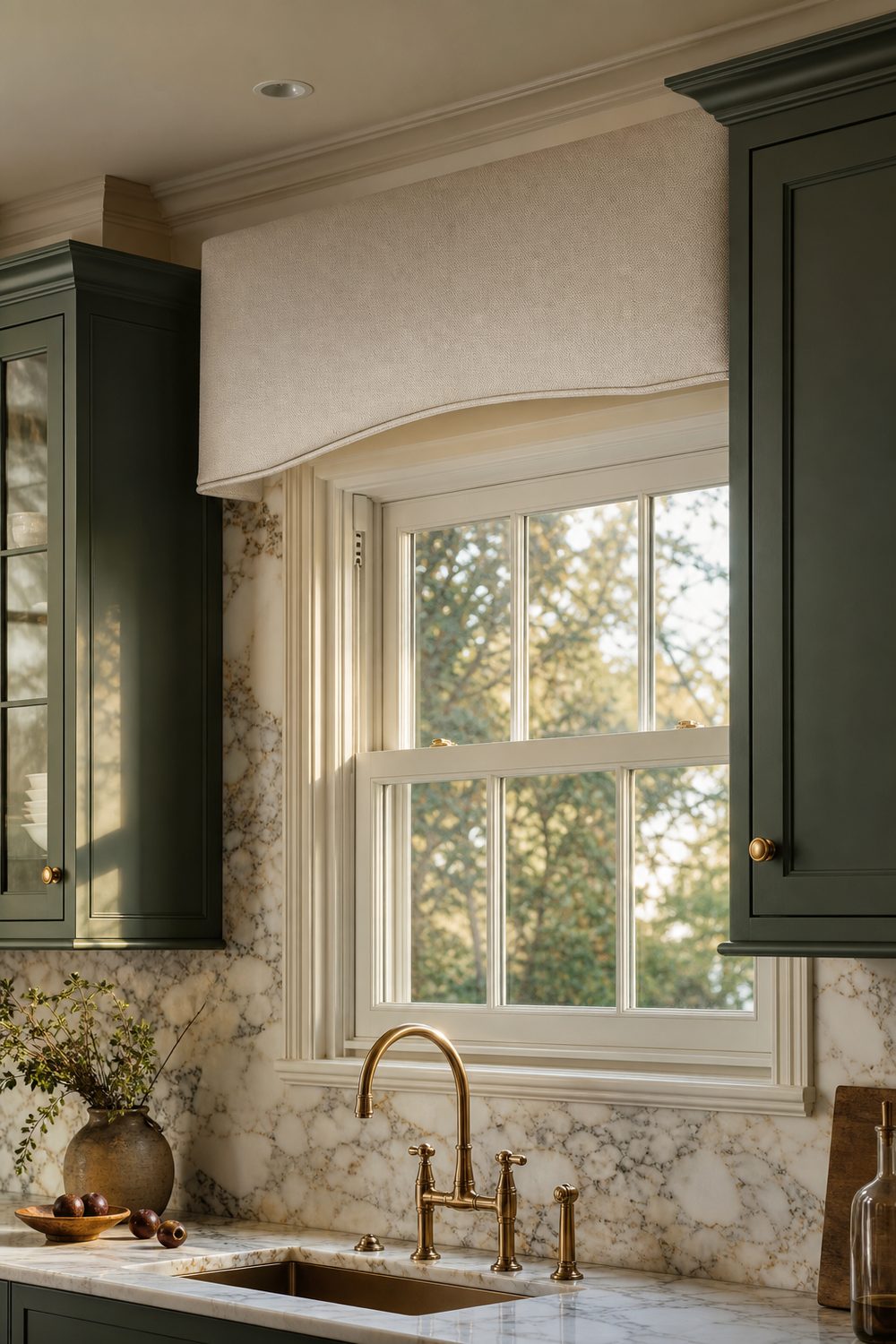 Ivory upholstered cornice with welt cord trim and a curved lower edge above a deep green kitchen window