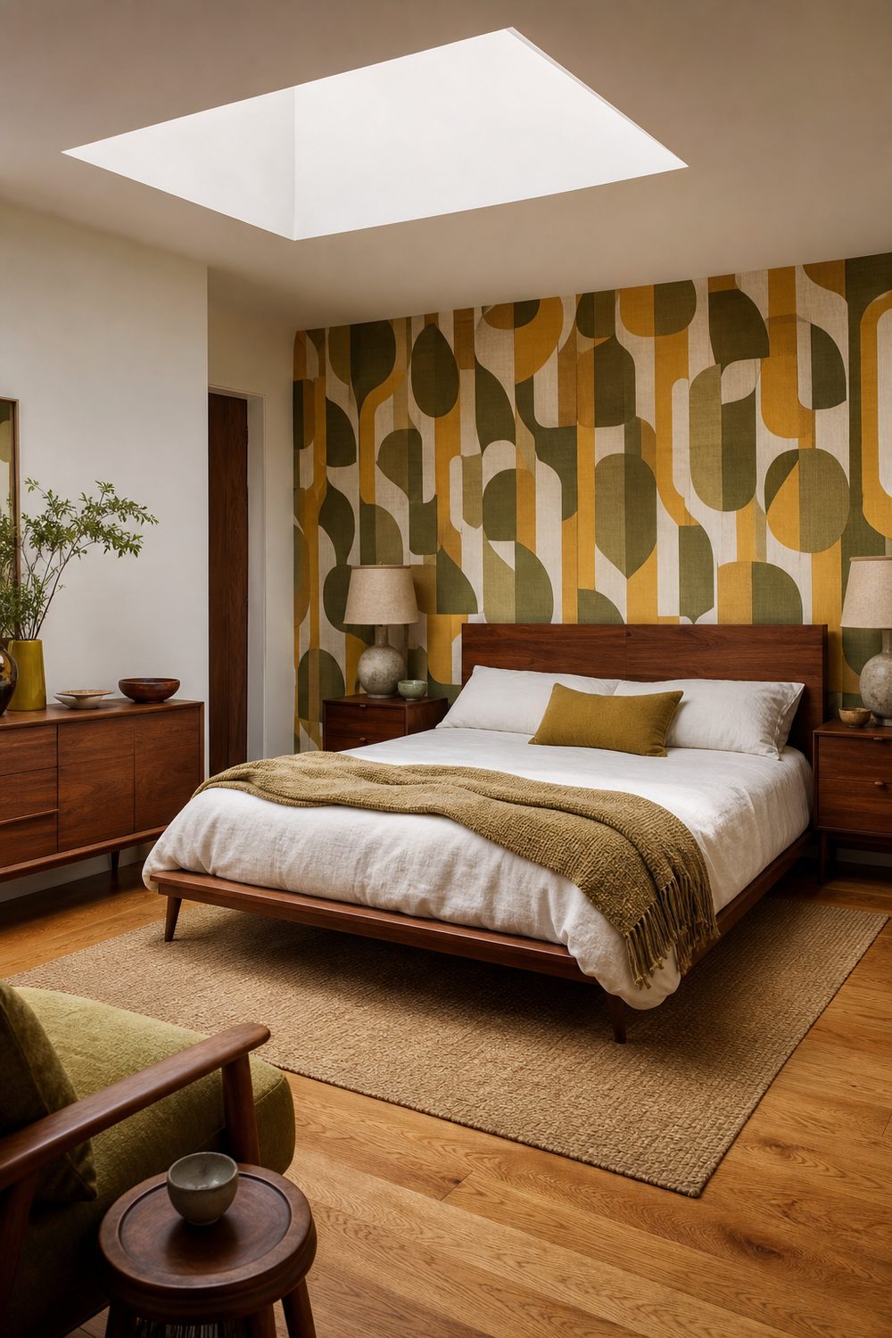 Bold geometric mid century wallpaper in mustard, olive and cream on a bed wall behind a low walnut bed