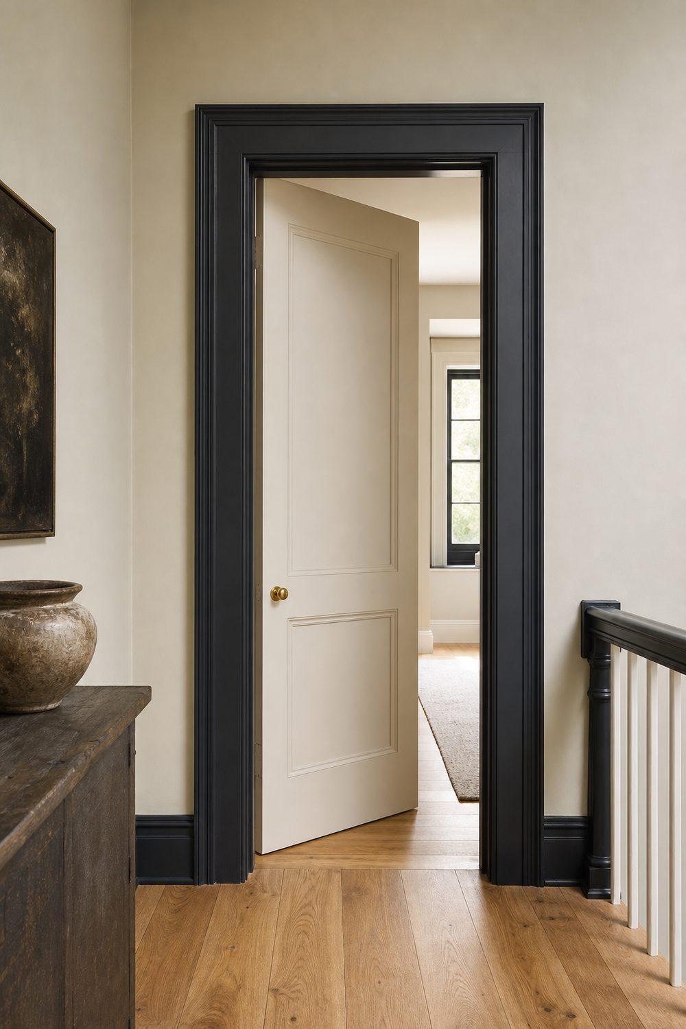 Deep charcoal door casing framing a soft off white door slab in a hallway with pale oat walls and oak floors