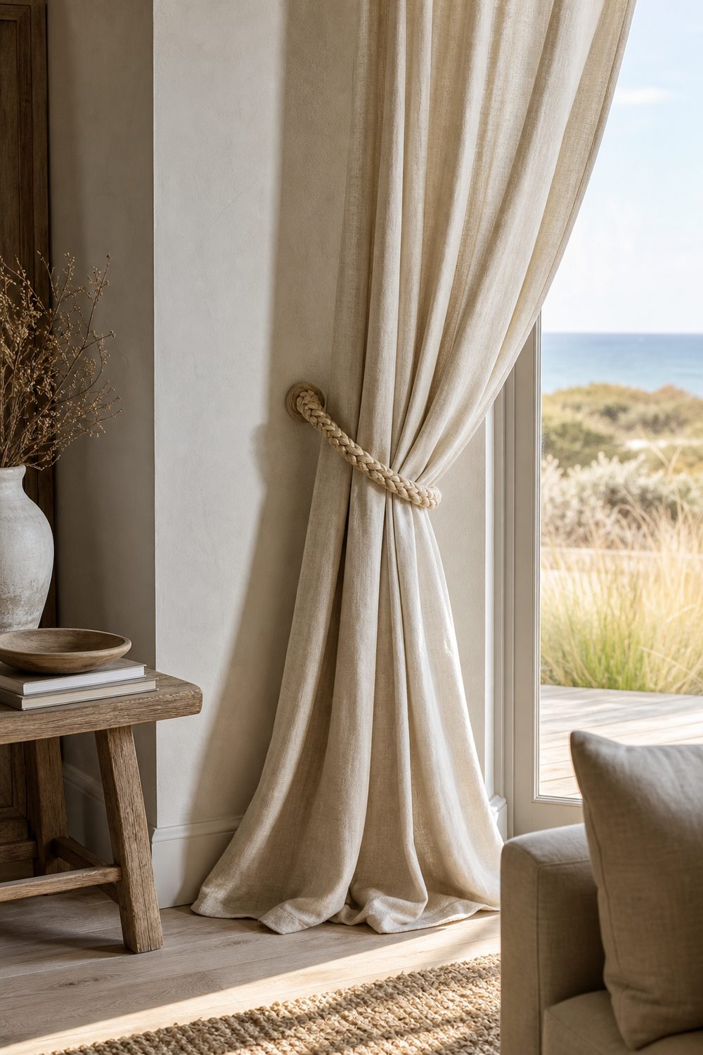 Braided natural cotton rope tie back holding an oatmeal linen drape beside a bright coastal living room window