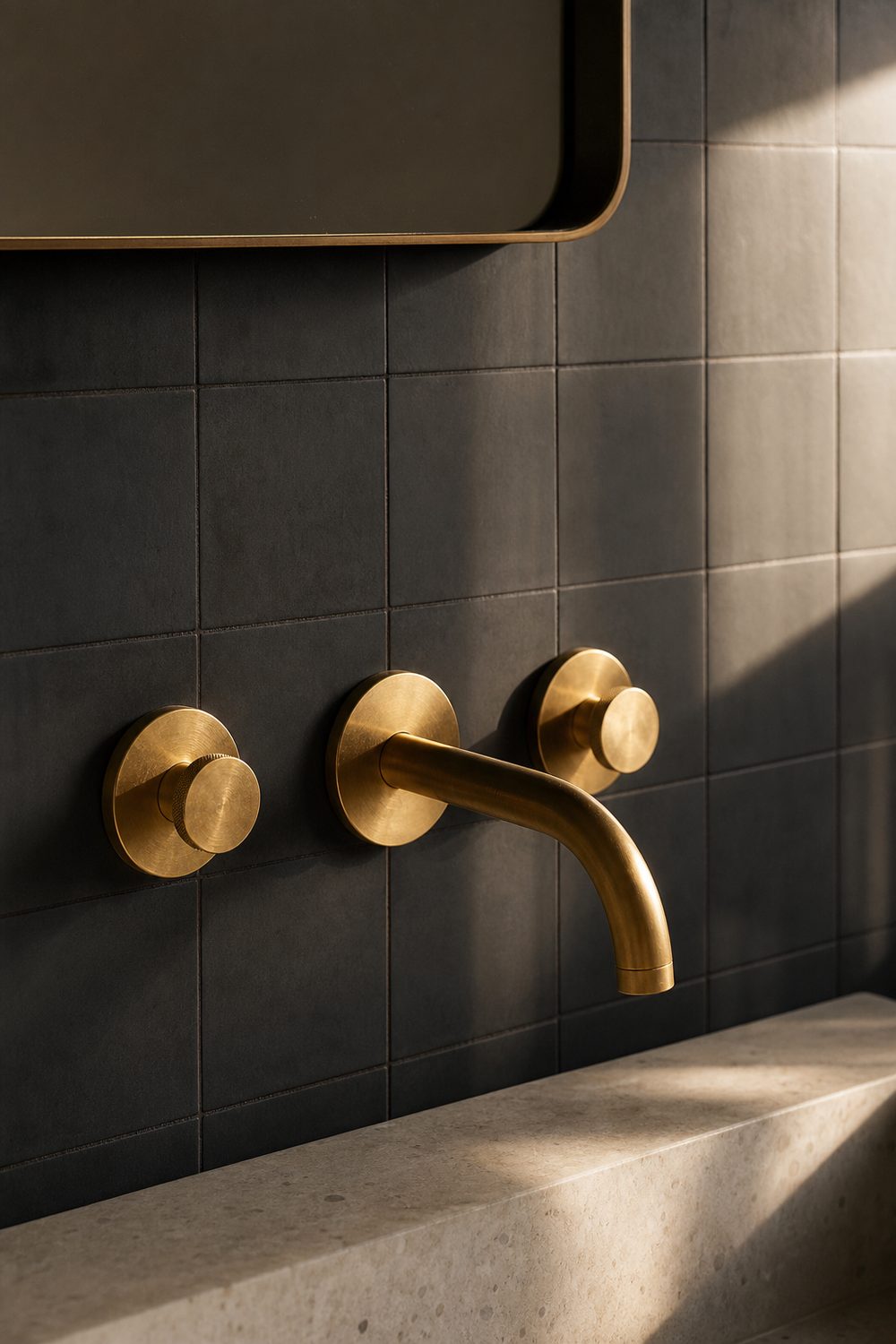 Aged brass wall mounted spout and two round handles against matte charcoal square tile above a terrazzo counter