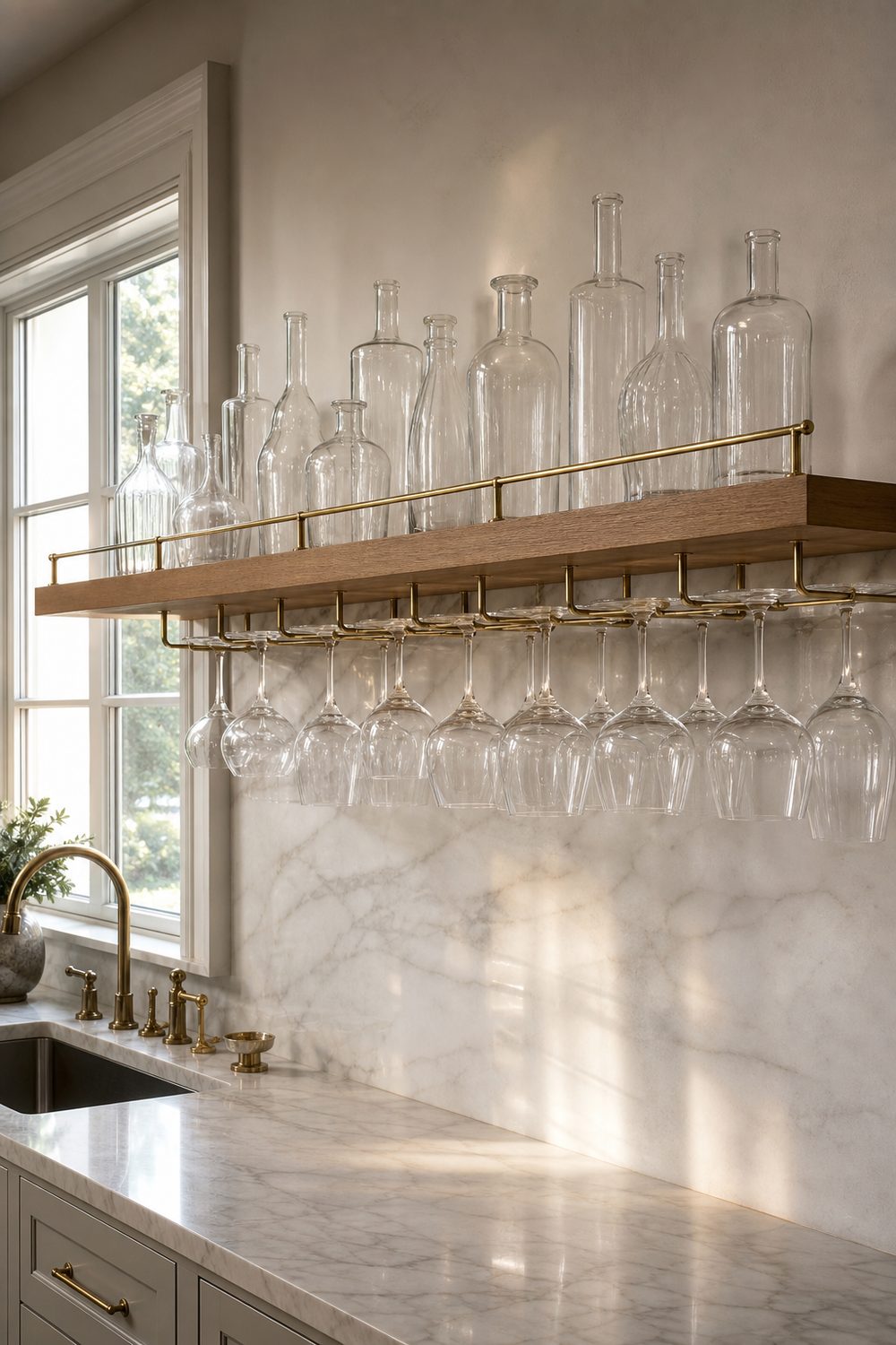White oak wall mounted bar shelf with a slim brushed brass guard rail and stemware hooks underneath holding hanging glasses in a marble kitchen