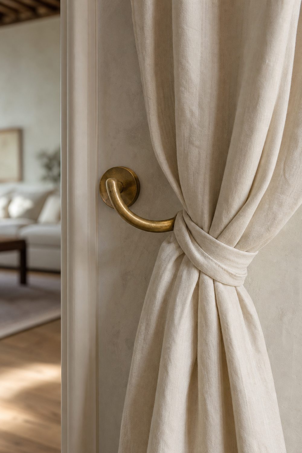 Unlacquered aged brass wall mounted holdback on a round backplate with ivory linen drape held at the window