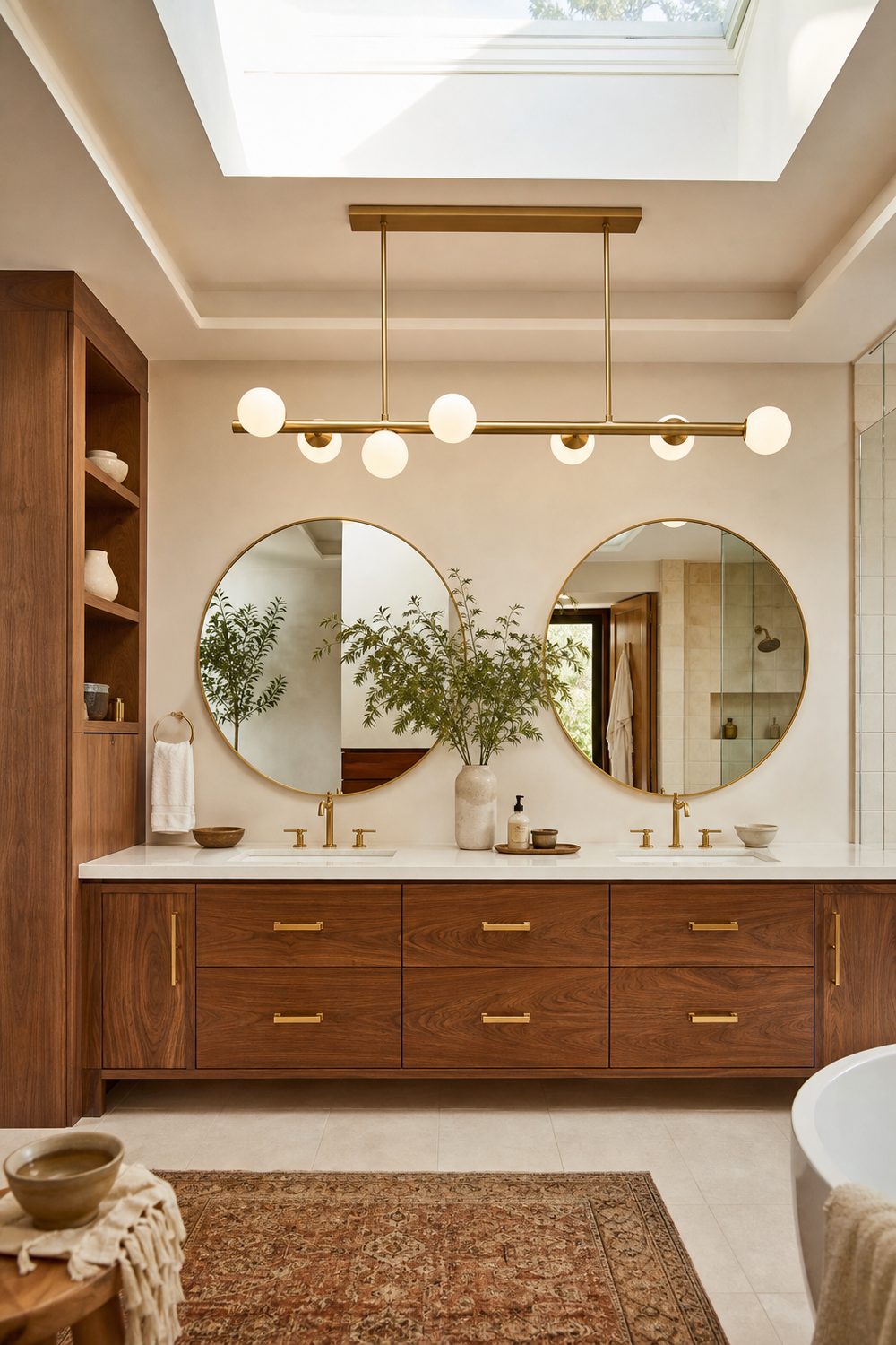 Linear brushed gold chandelier with opal glass globes hanging above a walnut double vanity with two round gold framed mirrors