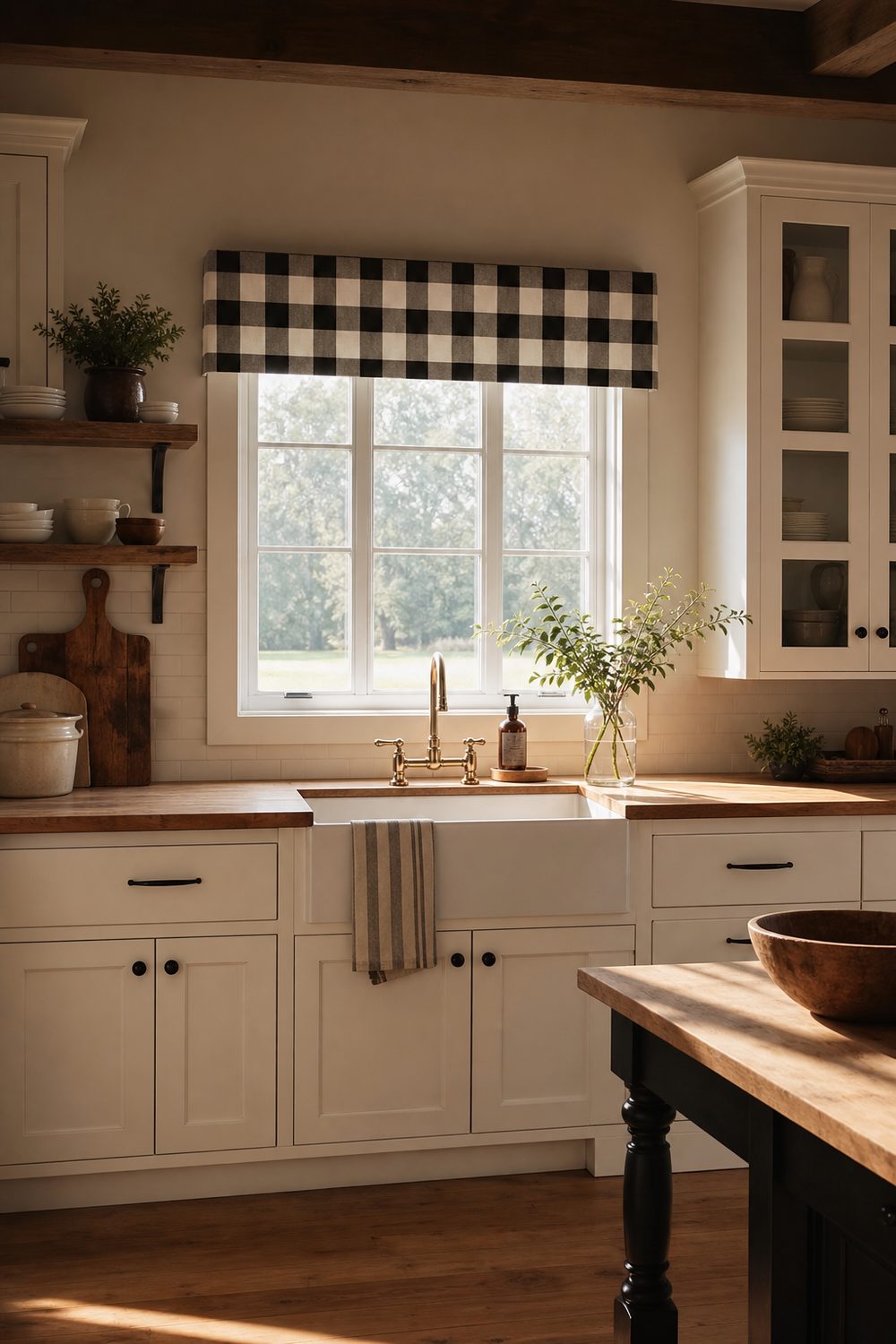 Black and white buffalo check box pleat valance above a farmhouse kitchen window with white shaker cabinets