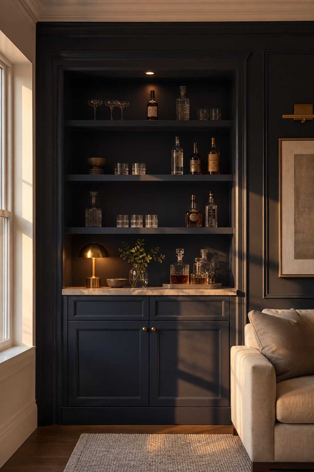Recessed living room bar alcove with four fitted shelves painted deep navy to match the millwork, a glowing brass lamp and honed marble base
