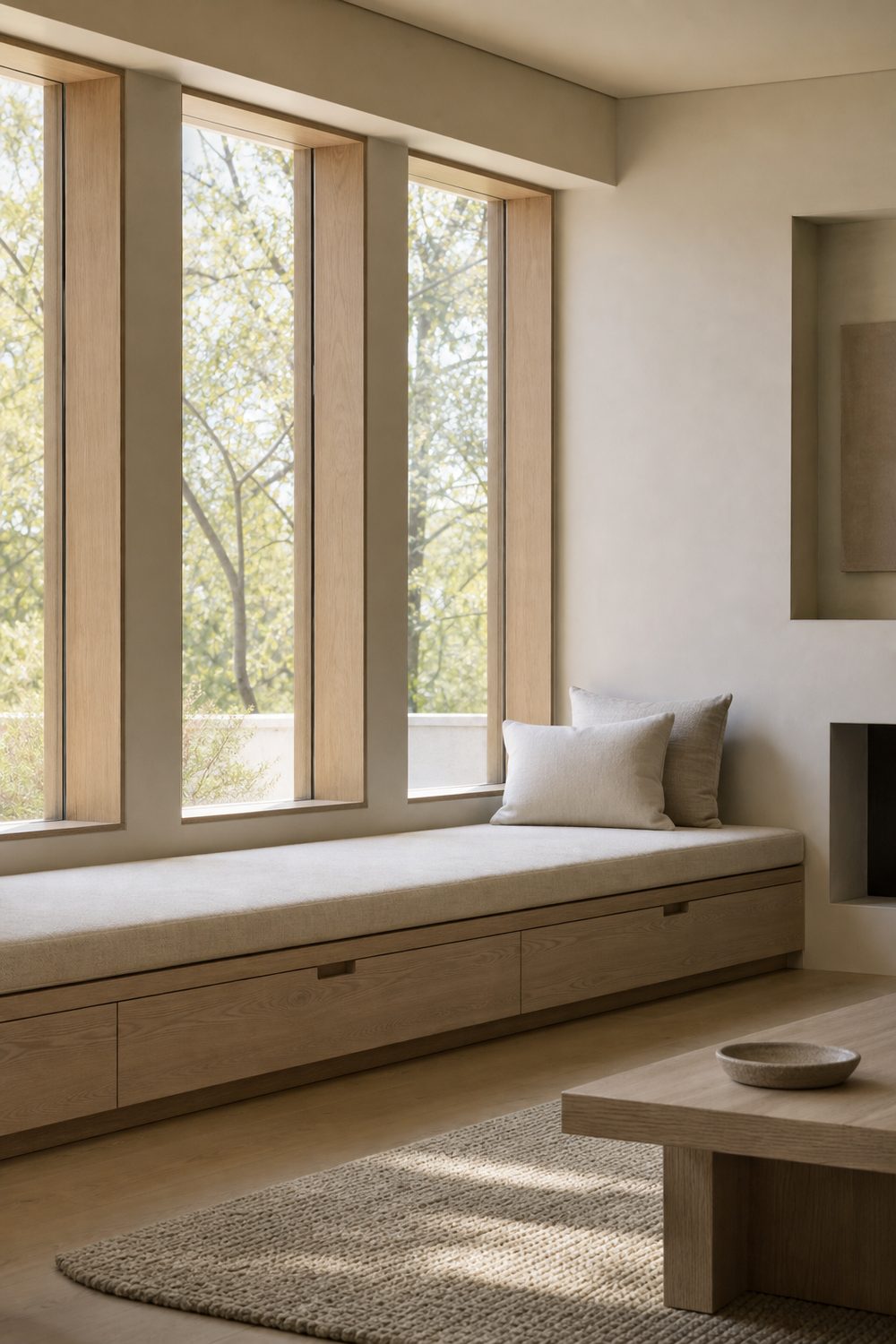Built in window bench with oatmeal linen cushion and oak drawer storage below in a minimalist living room