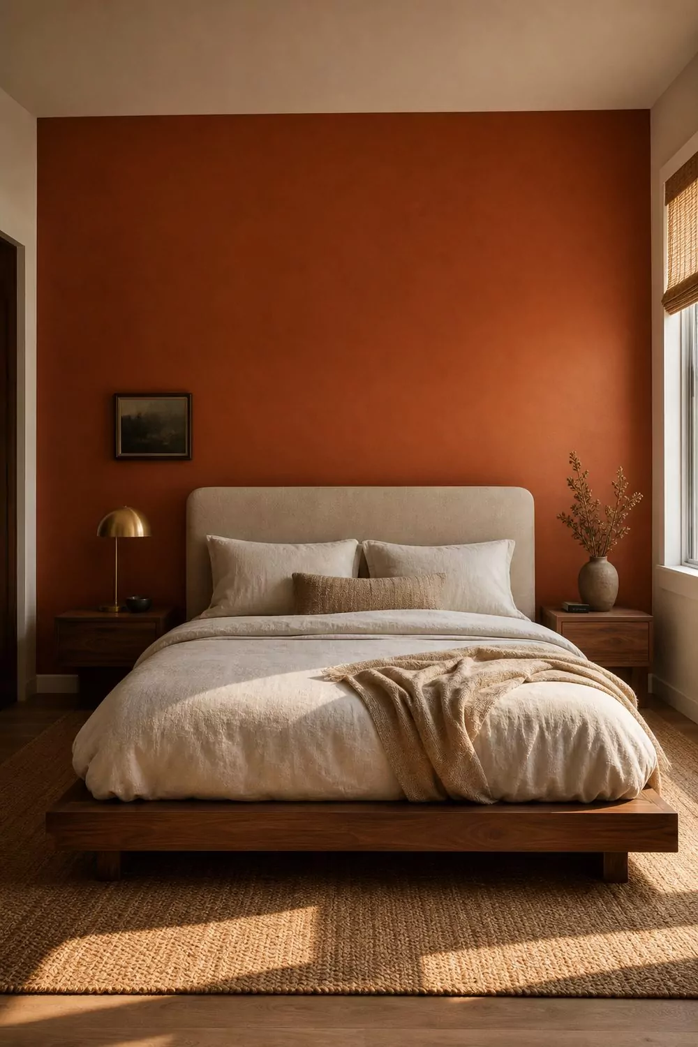 Deep burnt orange matte accent wall behind a walnut platform bed with cream linen bedding and a tall upholstered headboard