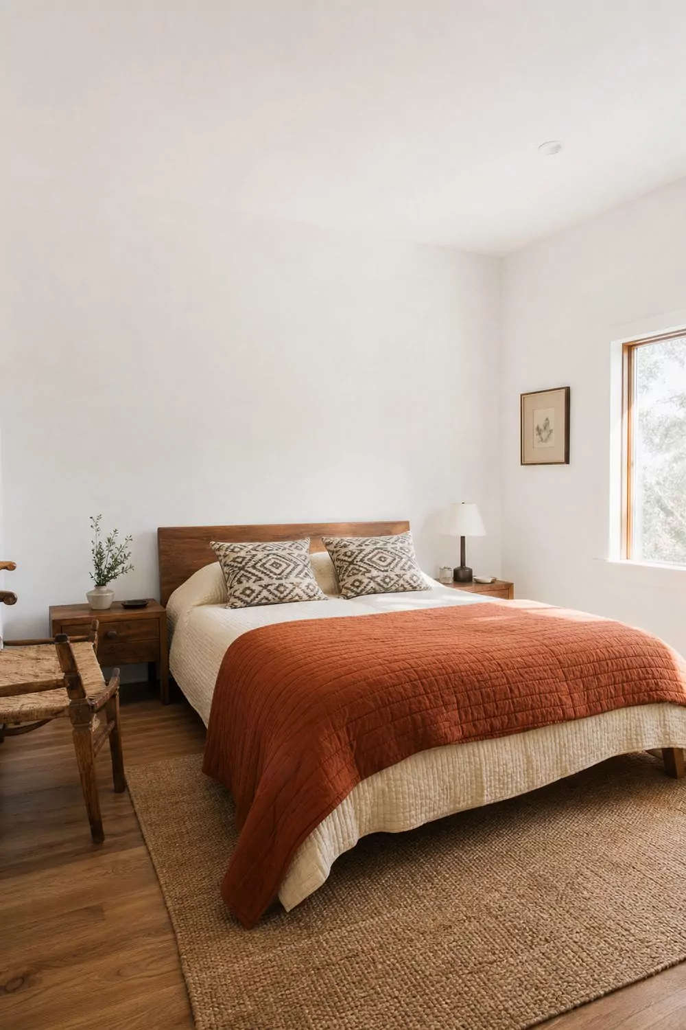 Layered burnt orange coverlet over a cream quilt on a wooden bed against warm white plaster walls with patterned pillows