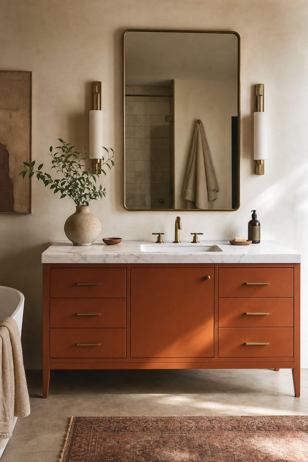 Burnt orange bathroom vanity with a white marble top, brass bar pulls and tapered legs below a brass framed mirror