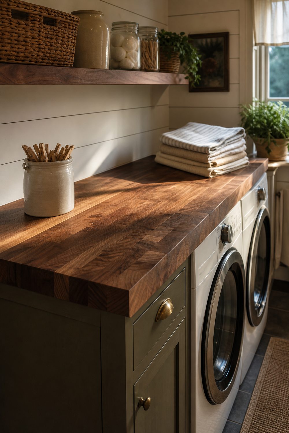 Thick walnut butcher block counter spanning above a white washer and dryer with folded linens in a farmhouse laundry room