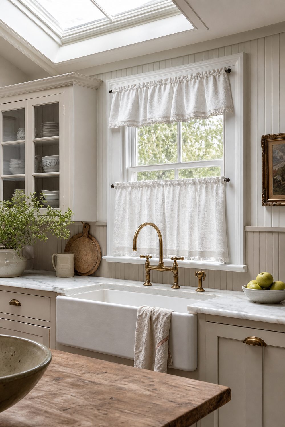 White cafe curtain covering the lower half of a cottage kitchen sink window with a gathered valance above