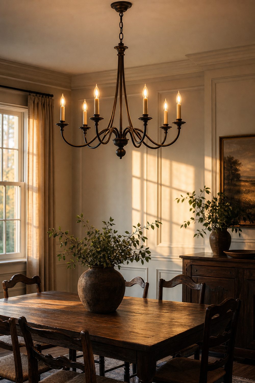 Six arm bronze candle style chandelier in a paneled traditional dining room with ladder back chairs