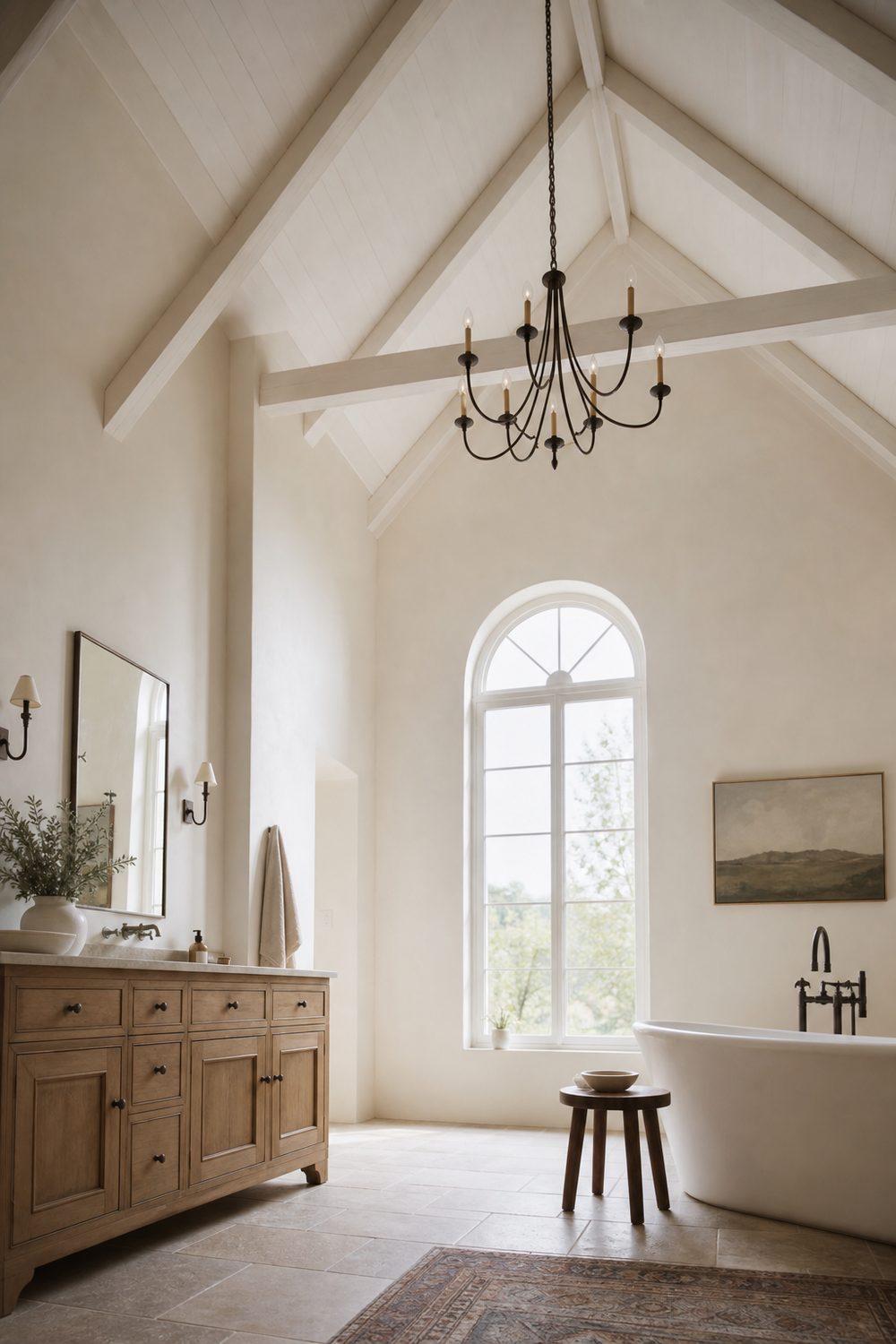 Wrought iron candle style chandelier hanging on a long chain from a vaulted white beamed bathroom ceiling above an oak vanity