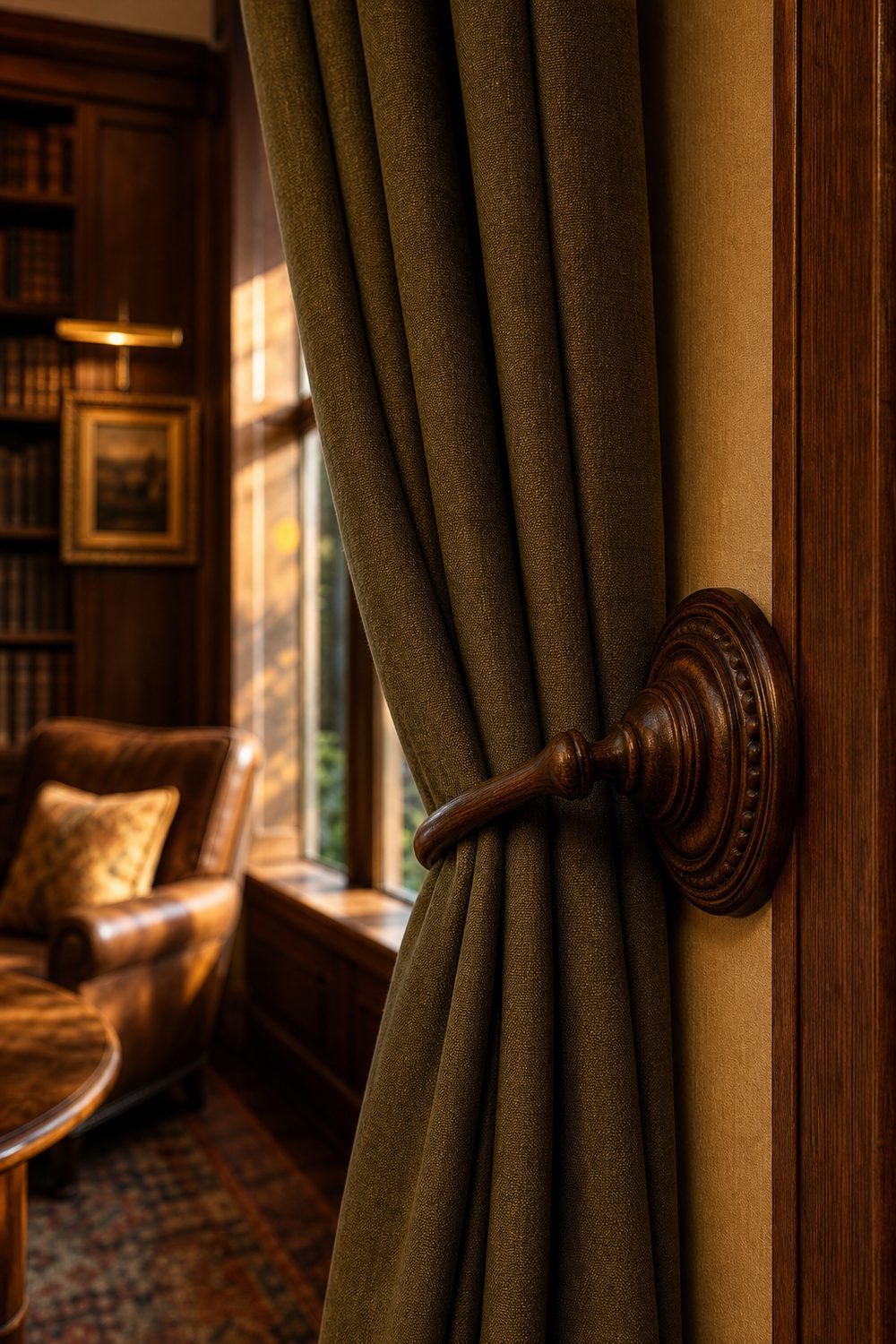 Hand carved dark walnut holdback with turned rosette face mounted on the wall of a traditional library sitting room