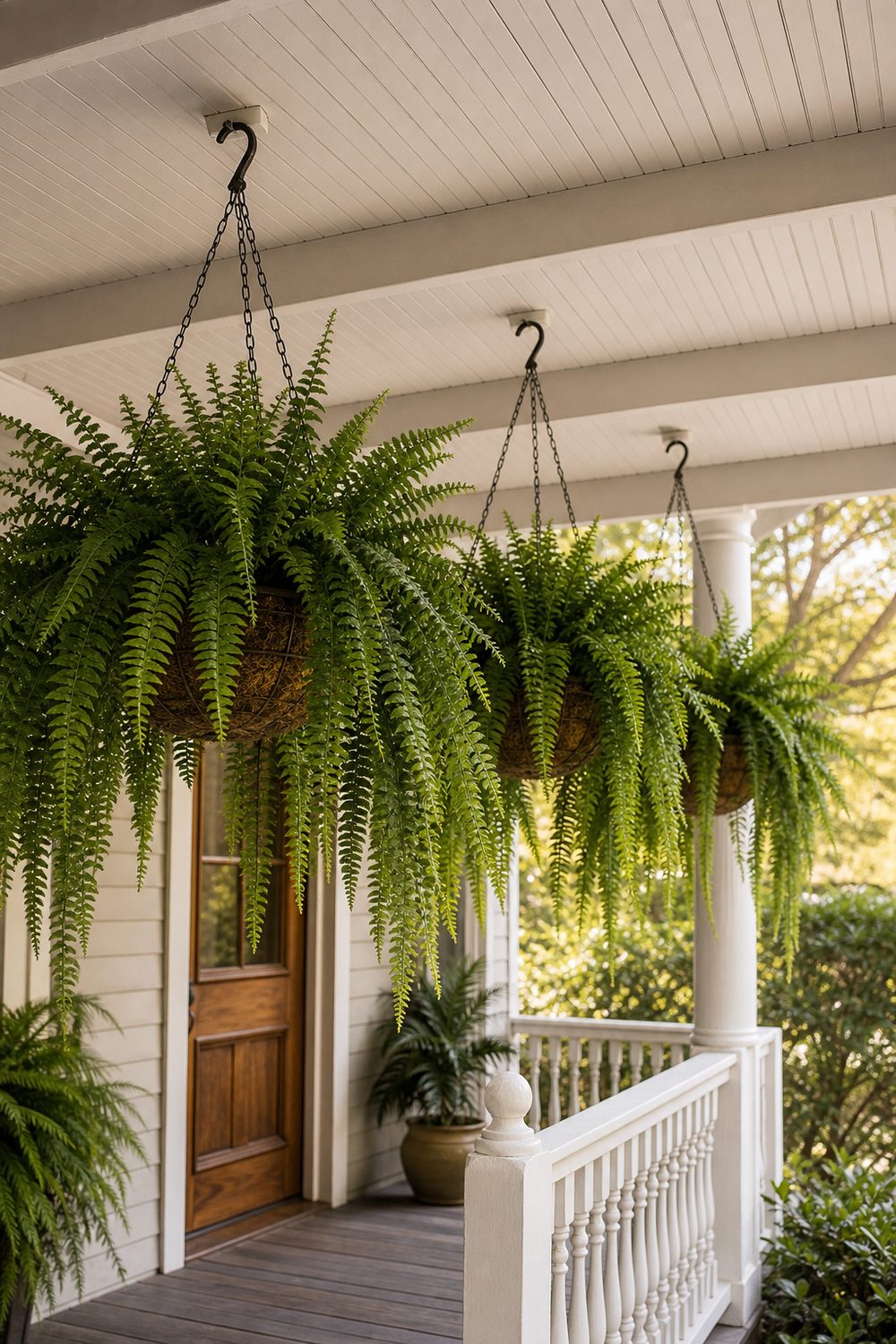Three Boston ferns in coir baskets hanging from black iron chains on a beadboard porch ceiling above a railing