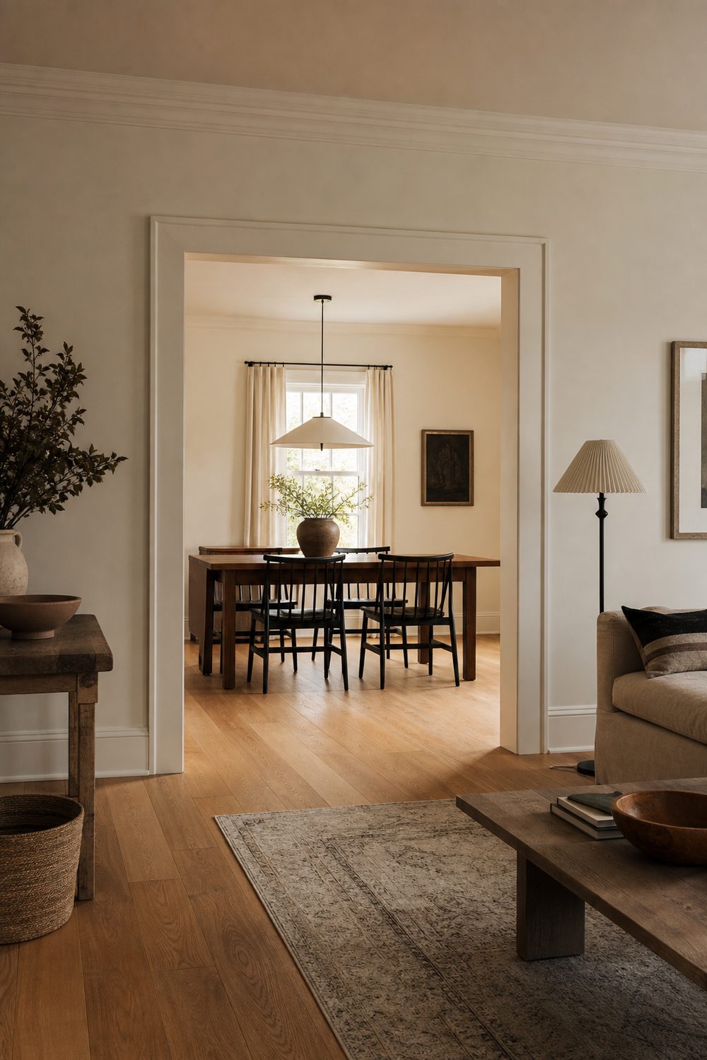 Wide cased opening with no door, framed in warm white casing, connecting a living room to a dining room with oak floors