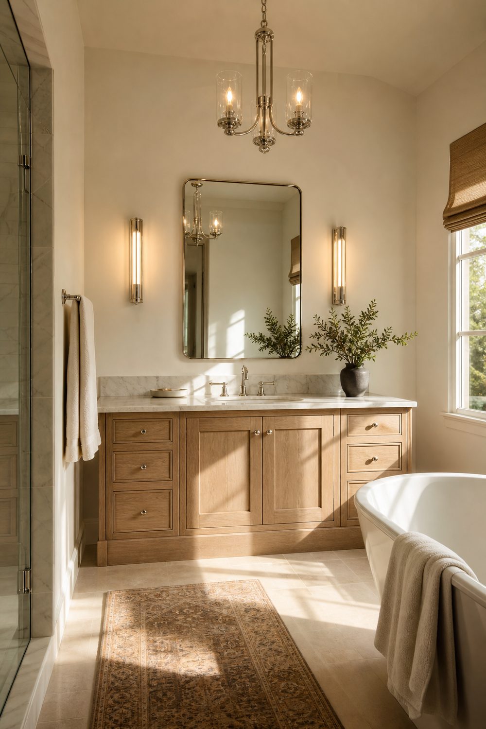 Polished nickel chandelier centered in a bathroom with two matching vertical sconces flanking a rectangular vanity mirror