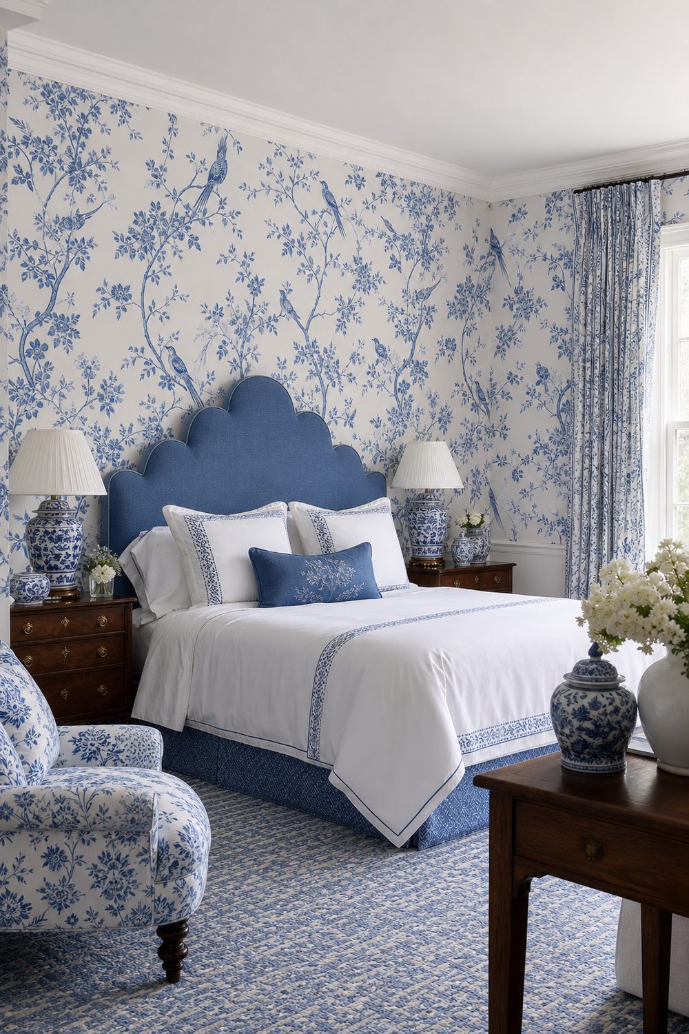 Bedroom papered in blue chinoiserie floral wallpaper on white ground with scalloped blue headboard, white bedding and ginger jar
