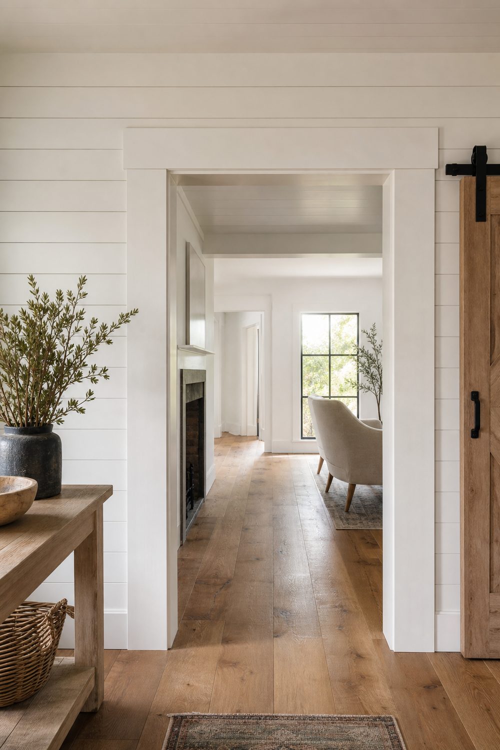 Chunky wide white farmhouse door casing with a thick header board beside horizontal shiplap and wide oak plank floors