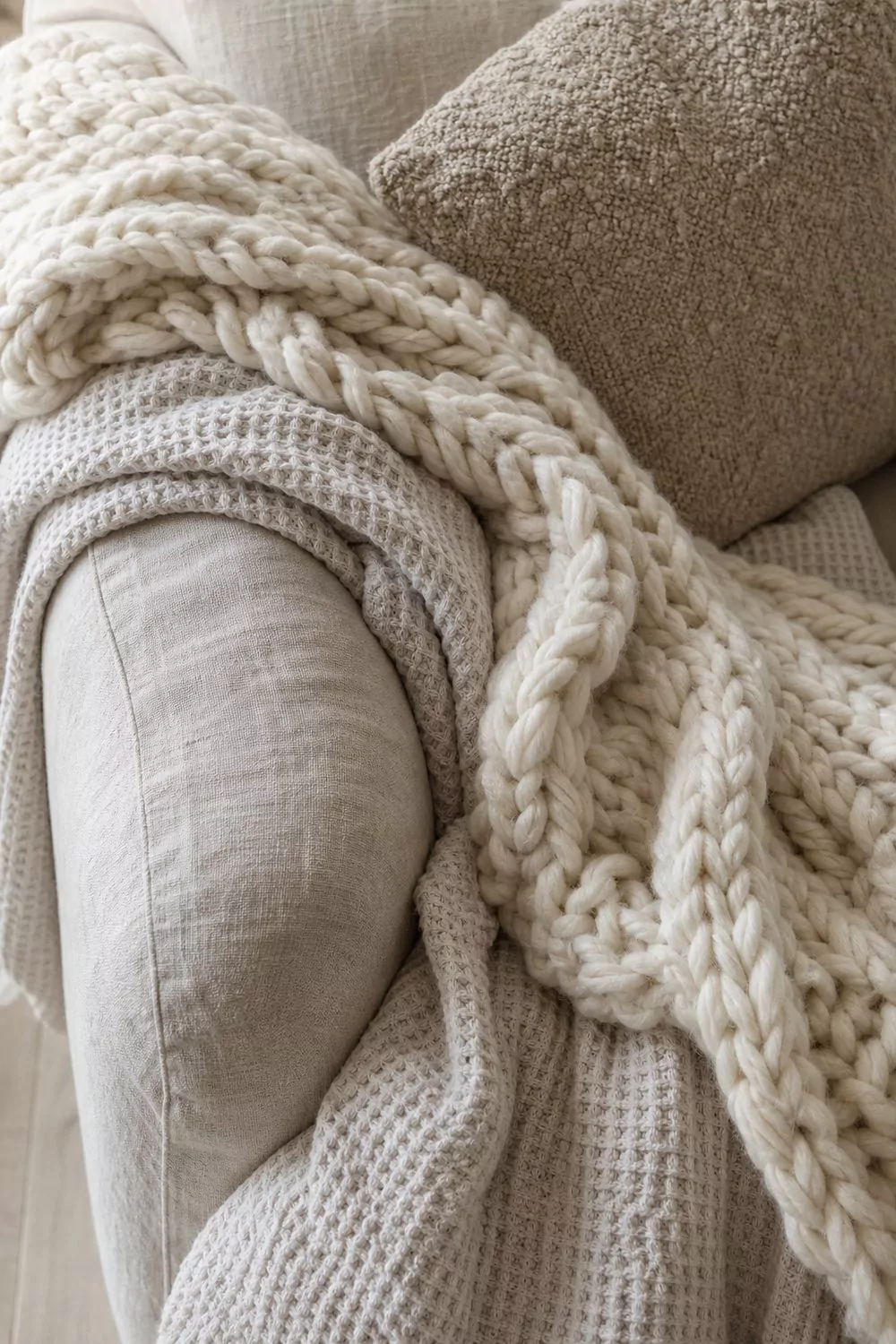 Chunky cream wool throw draped over a waffle weave blanket and oatmeal boucle pillow on a farmhouse sofa arm
