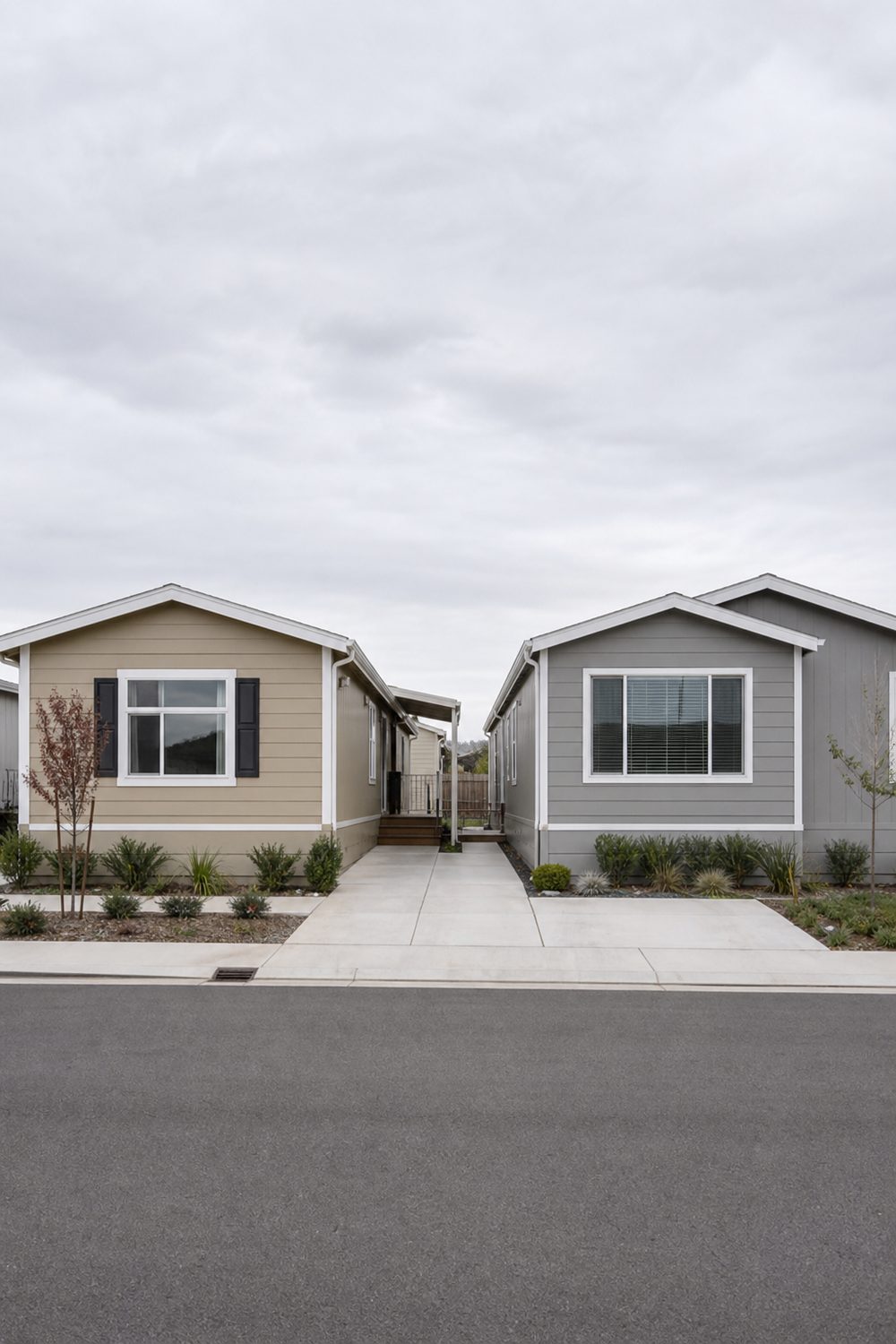 Two comparable single-story manufactured homes in beige and grey on adjacent lots