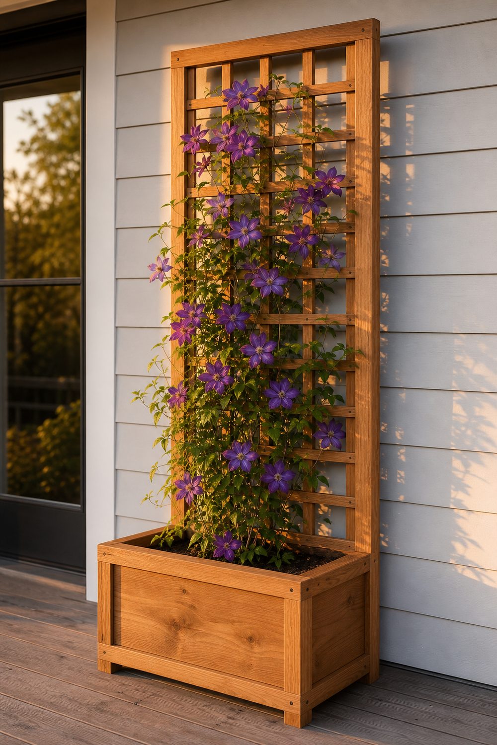Cedar planter box with an attached lattice trellis carrying a purple clematis vine against a porch wall