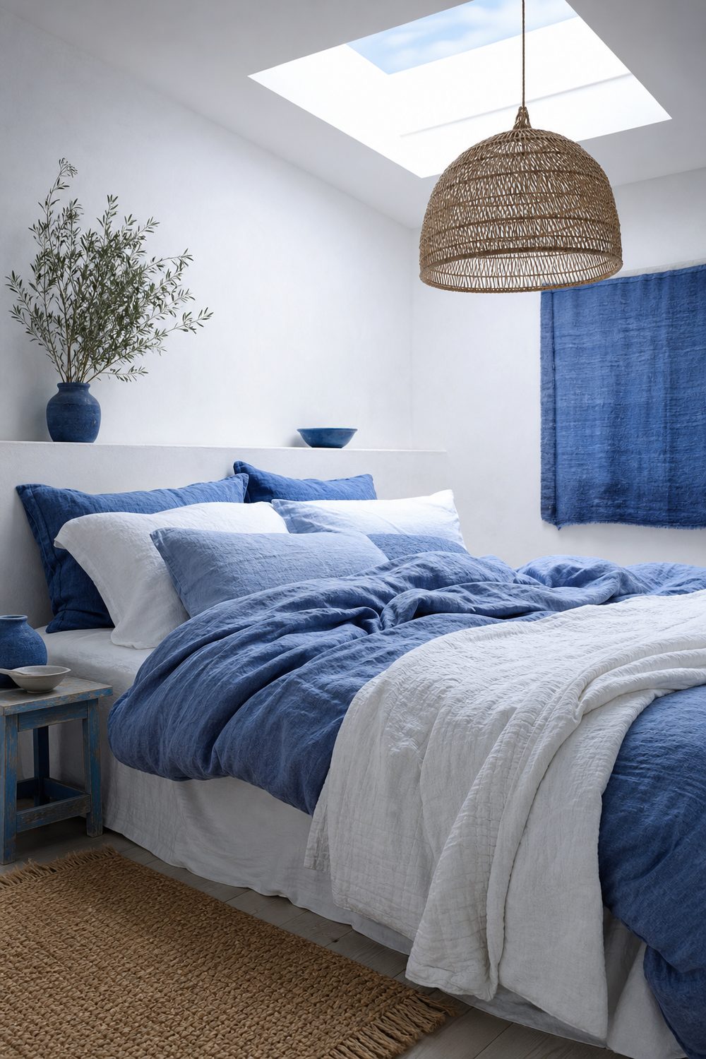 Coastal bedroom with rumpled blue and white linen bedding, white quilt, jute rug and rattan pendant against white plaster walls