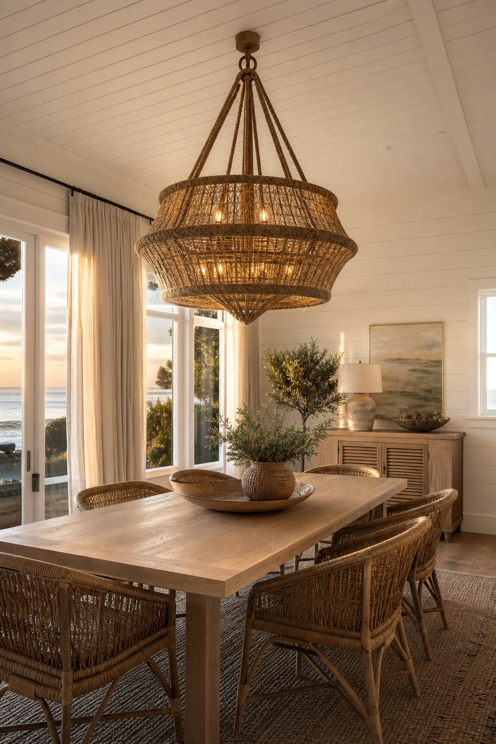 Woven rope and rattan drum chandelier above a bleached oak dining table in a coastal room
