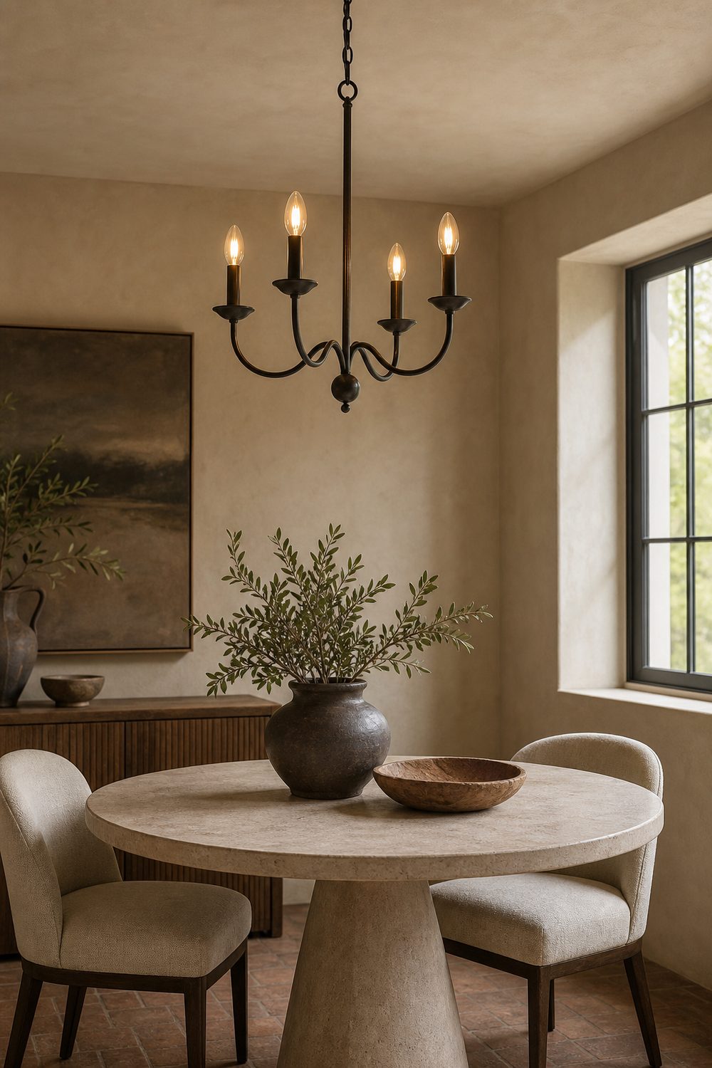 Compact four arm bronze chandelier above a small round dining table with two upholstered chairs