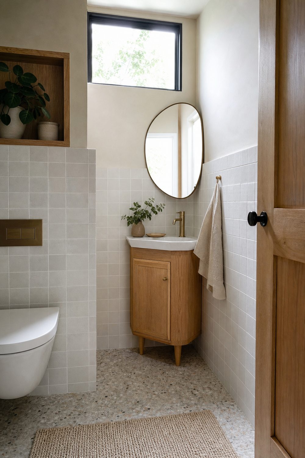 Small oak corner vanity with tapered legs and a round mirror in a tight bathroom with pale tile and pebble floor