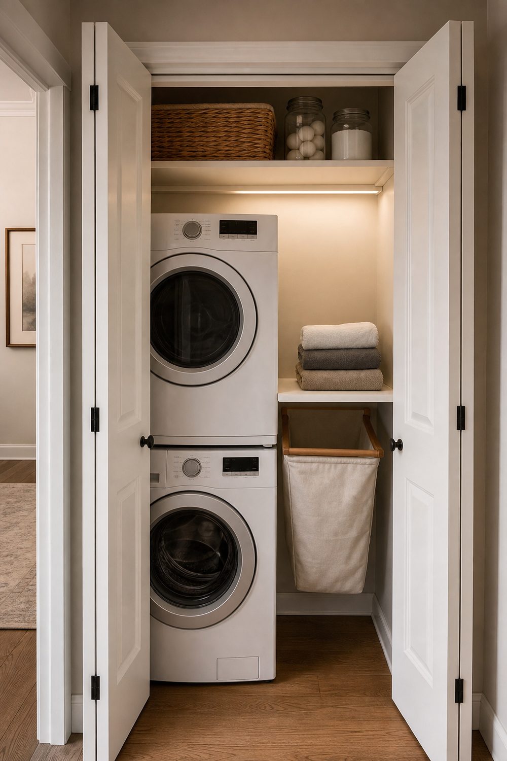 Compact white folding shelf above a stacked washer and dryer in a hallway laundry closet lit by an LED strip