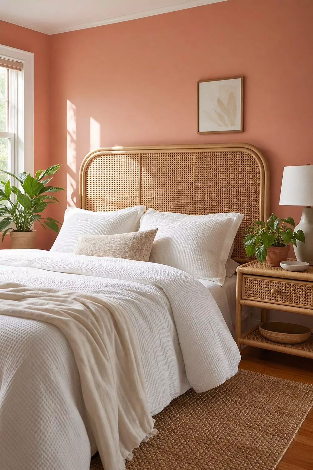 Light filled bedroom with soft coral walls, a natural rattan headboard and bedside table, white waffle bedding and a potted plant
