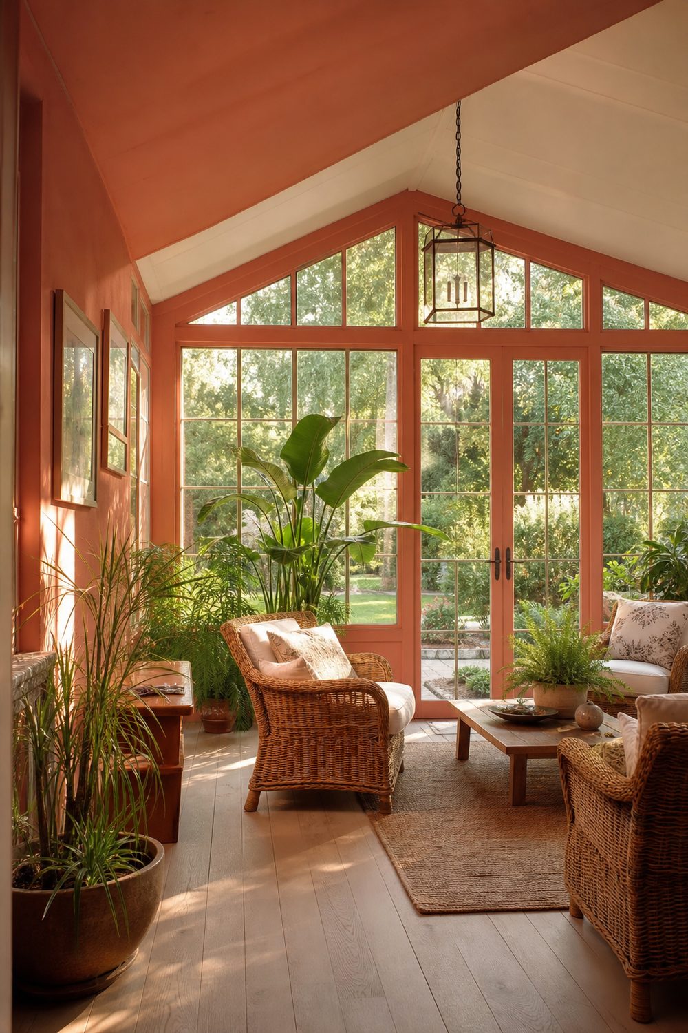 Coral pink sunroom with wicker armchairs, light oak flooring, tall glass windows, and potted plants