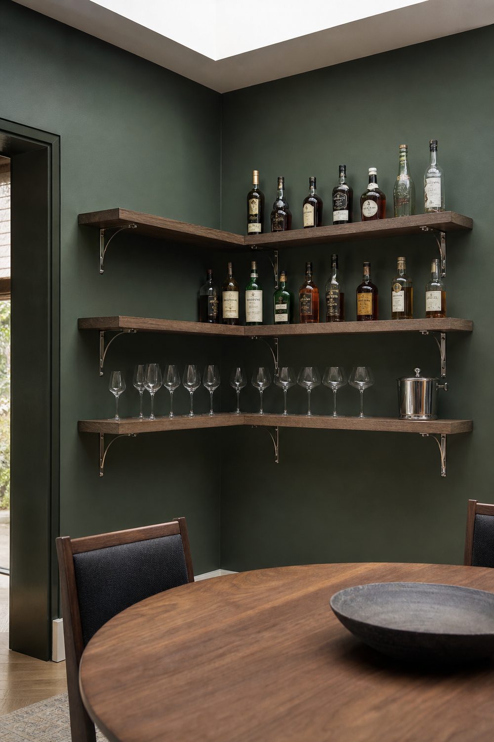 Three staggered wood shelves wrapping an inside dining room corner on deep green walls with bottles above and stemware and ice bucket below