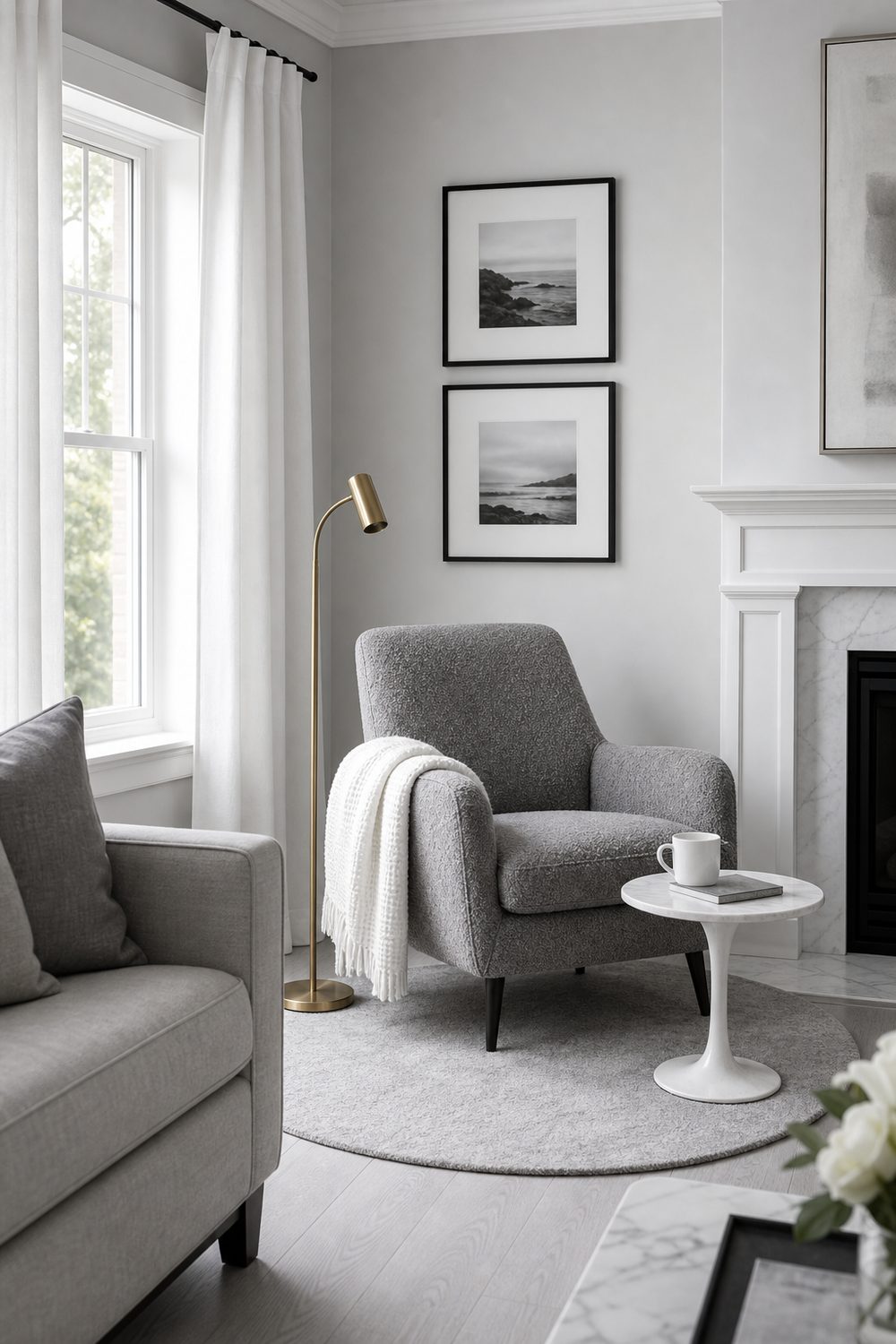 Grey boucle lounge chair with white waffle throw, brass floor lamp and white round side table in a living room corner