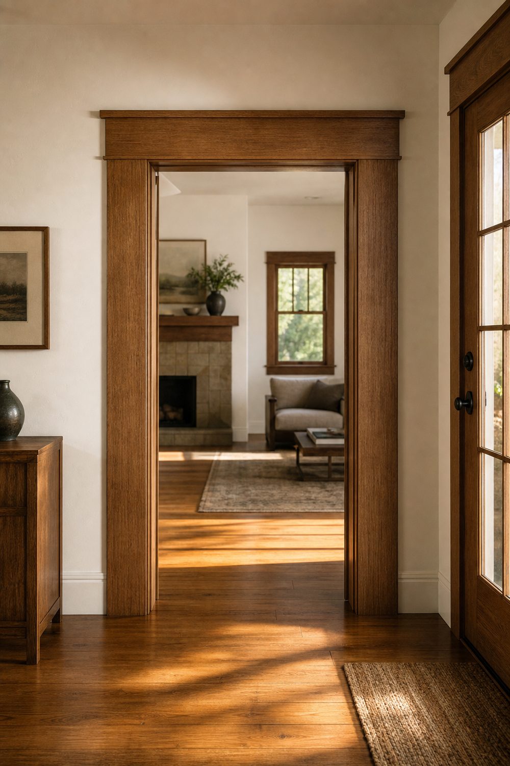 Craftsman door casing with flat oak legs and a thick painted header board in a warm white bungalow hallway