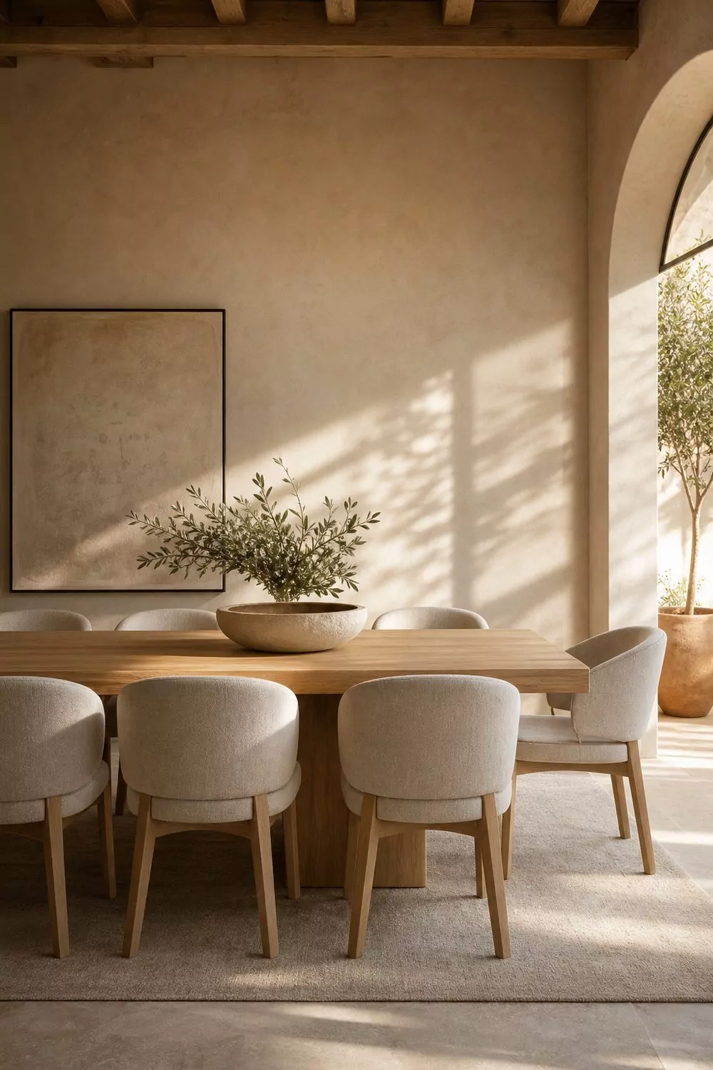 Cream upholstered dining chairs around a light oak table against a pale beige plaster wall in warm afternoon light