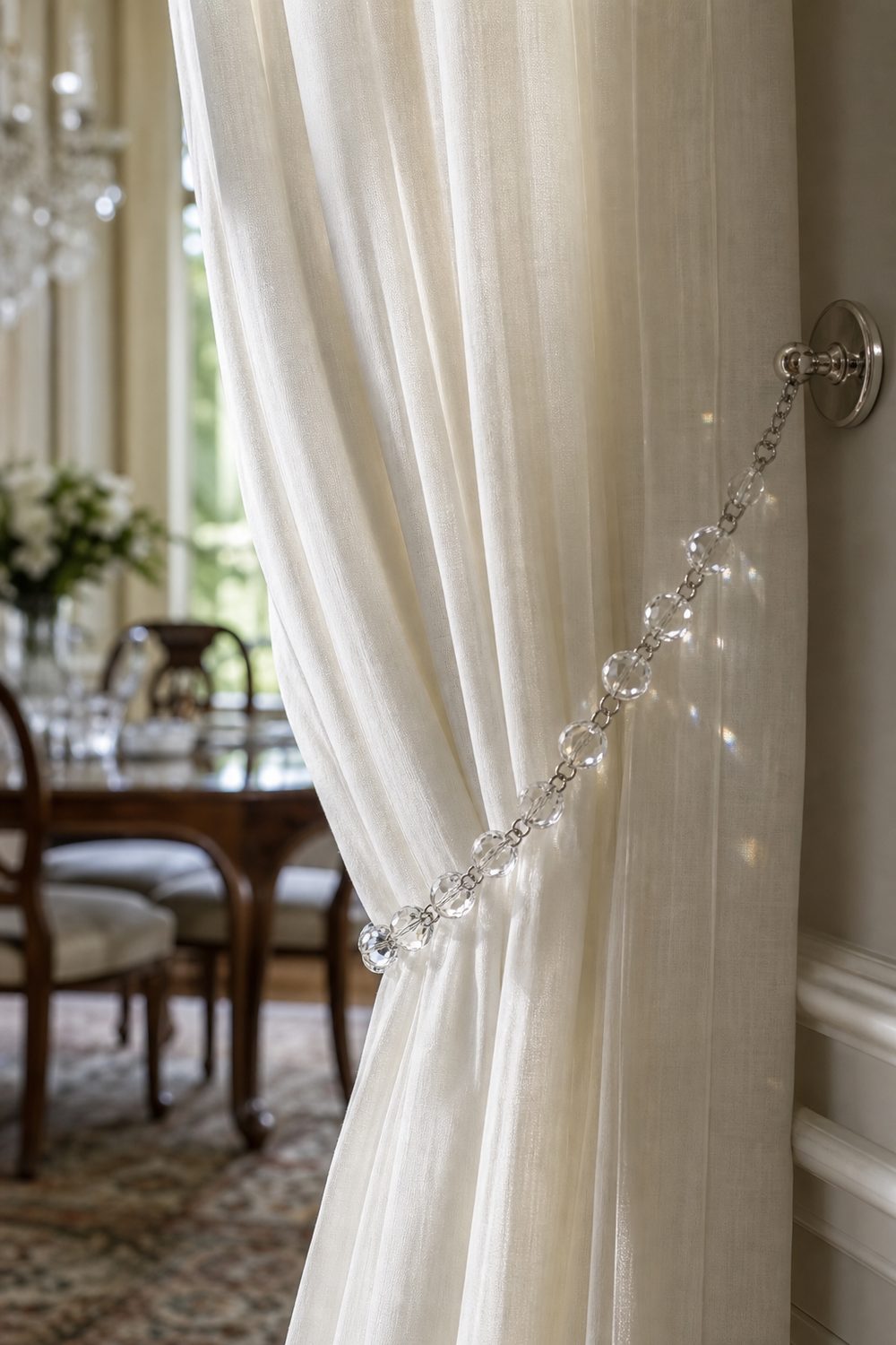 Strand of faceted clear crystal beads on a fine silver chain looped around an ivory sheer curtain in a dining room